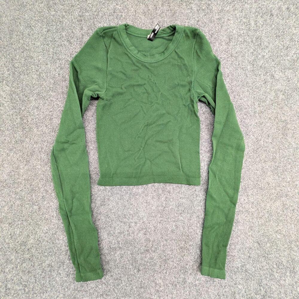 Sunday Best Crop Top Womens S Olive Green Ribbed Knit Slim Fit Long Sleeve Tee